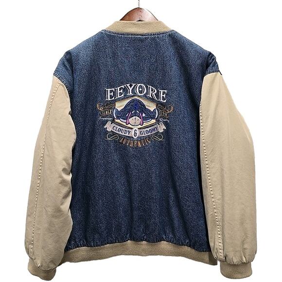 VTG Disney Store Eeyore Denim Varsity Jacket Sz M Quilted Bomber Winnie The Pooh - Picture 1 of 10